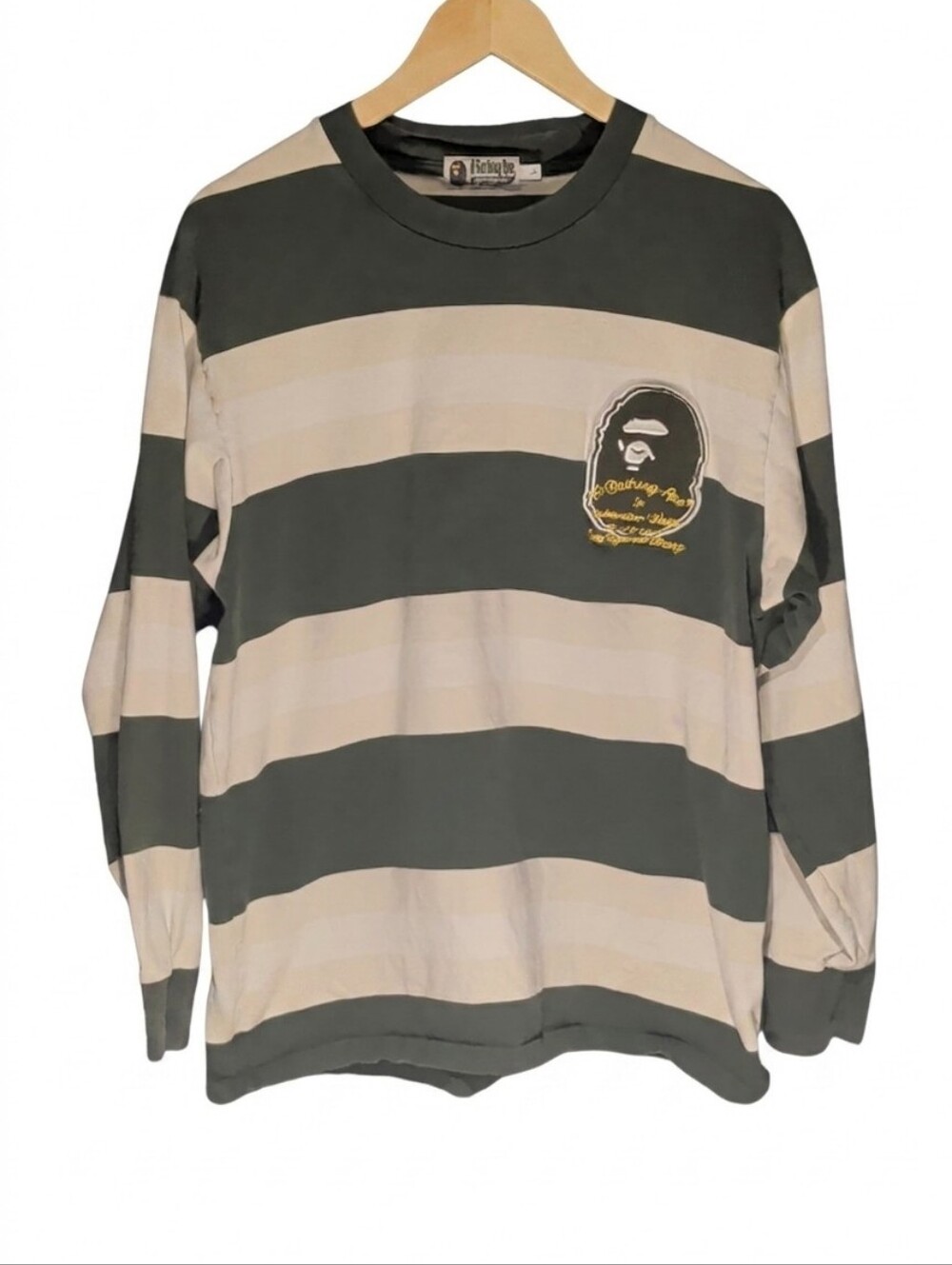 Mens Bape Badge Hoop Long Sleeve Green Tan White Shirt